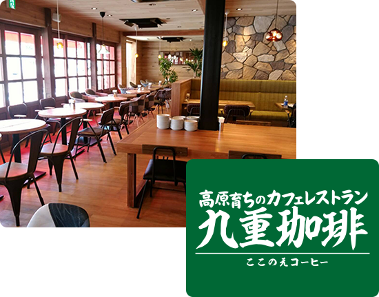 画像:九重珈琲の店内、床にテーブル、天井まで木目の店内。壁はレンガの壁紙が貼られている。奥行きのある広い店内に昼間に心地いい光が差し込んでいる。